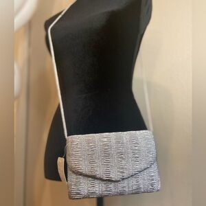 Bechamel~Textured Metallic Silver Envelope Clutch Crossbody Bag~Snap Closure